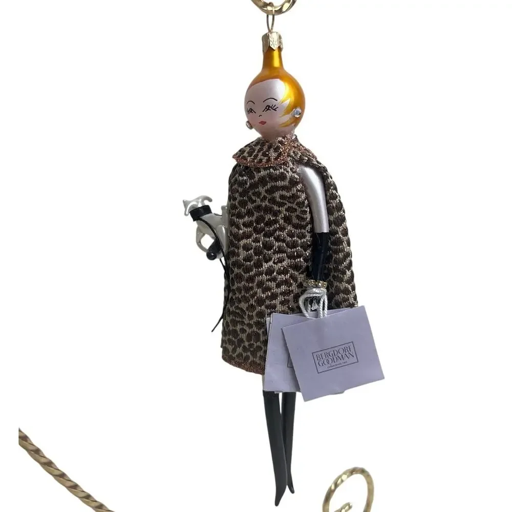De Carlini Bergdorf Goodman Glass Ornament Leopard Coat Lady Dog Italy w/ BG Box